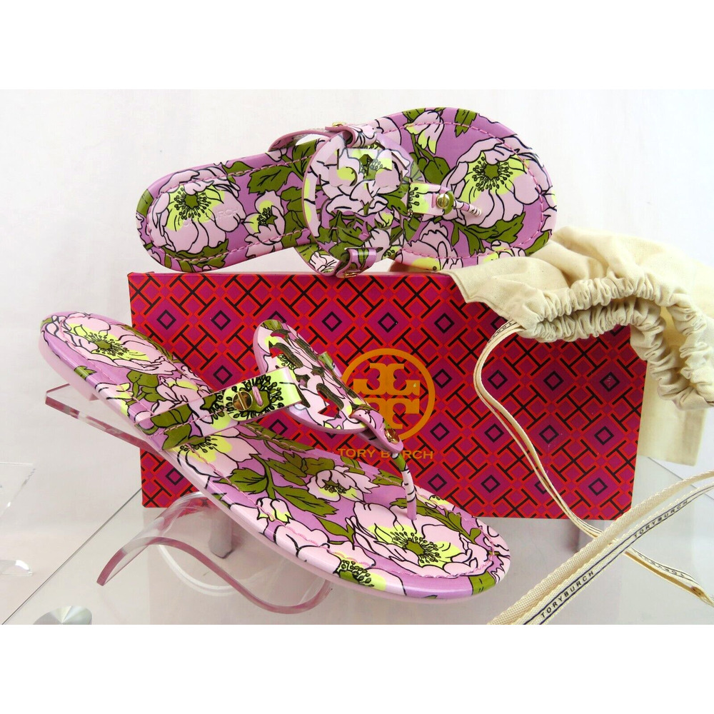 TORY BURCH MILLER FLOWERS PATENT LEATHER REVA FLAT THONG SLIDE SANDALS 10.5